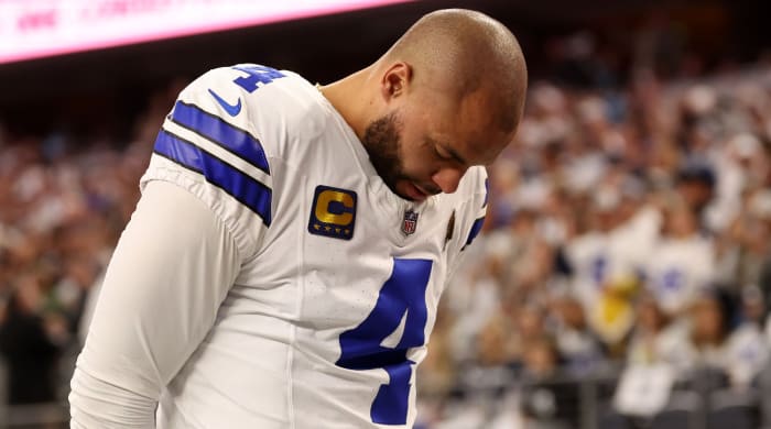 Jan 14, 2024; Arlington, Texas, USA; Dallas Cowboys quarterback Dak Prescott (4) before the 2024 NFC wild card game against the Green Bay Packers at AT&T Stadium.